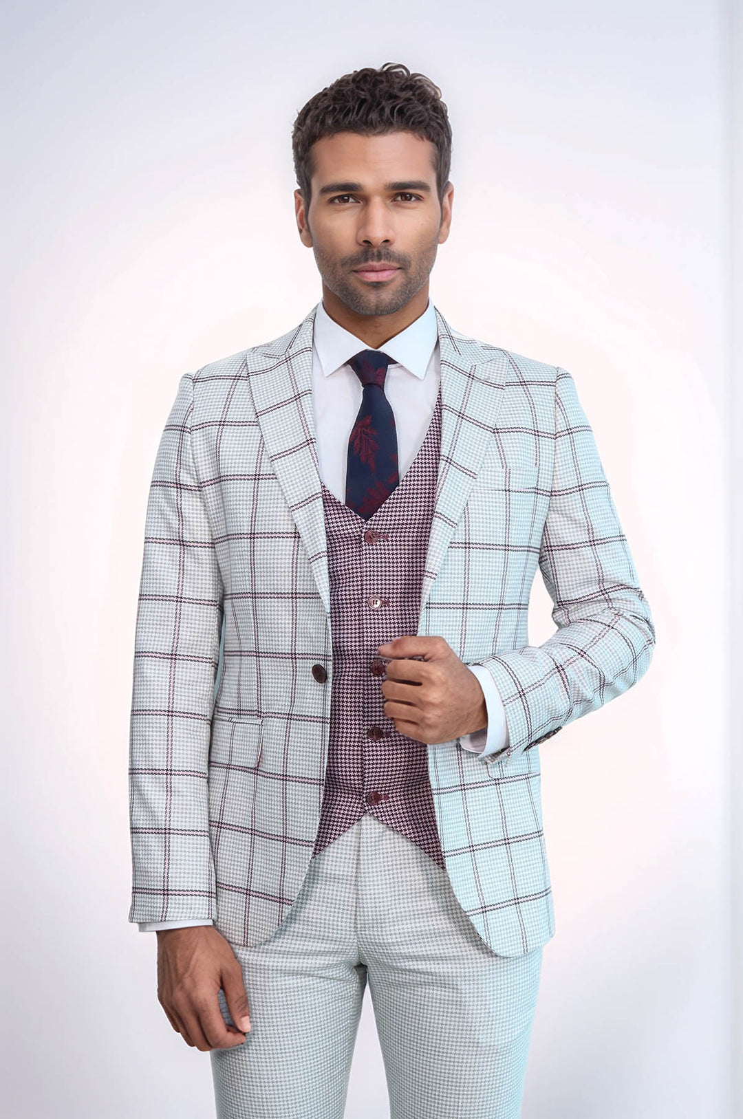 Costume Homme Gris Clair Veste à Carreaux à Motifs - Wessi