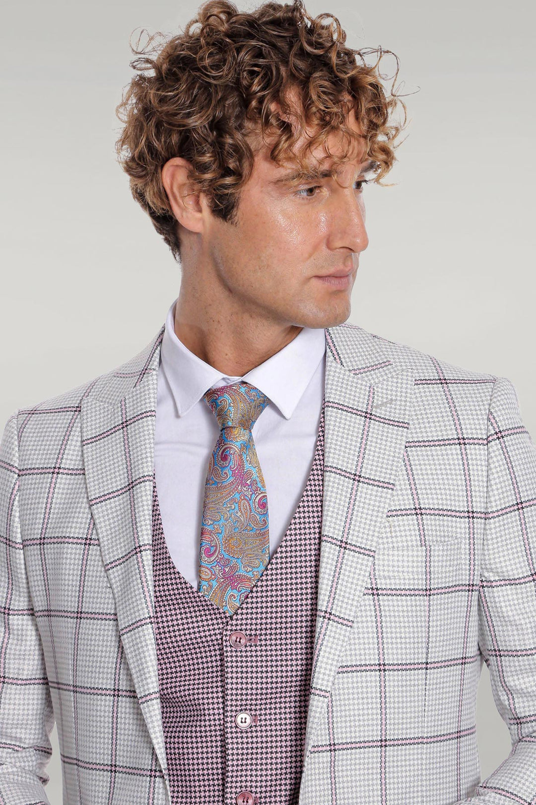 Checked Patterned Vested Light Grey Men Suit - Wessi