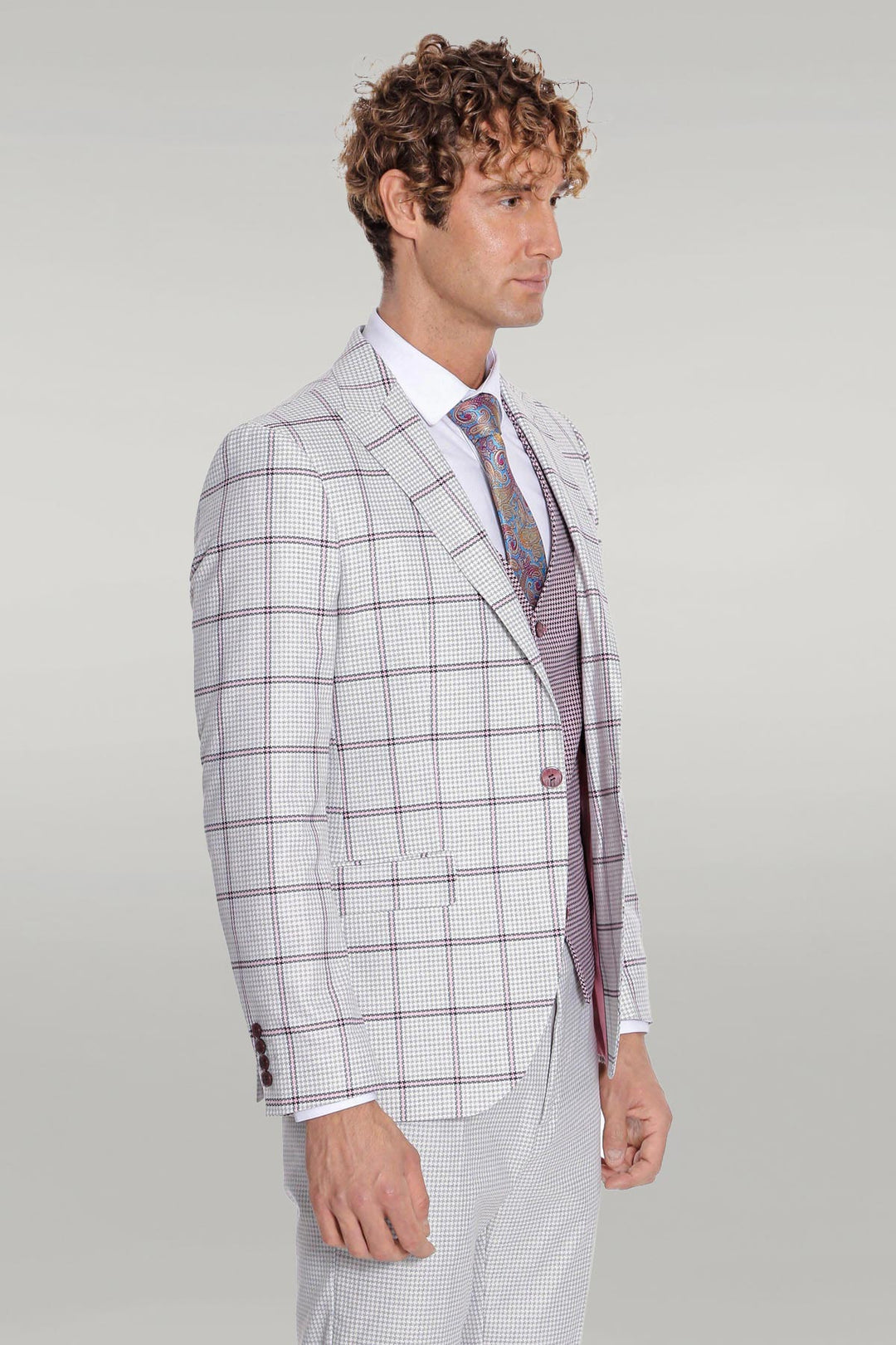 Checked Patterned Vested Light Grey Men Suit - Wessi