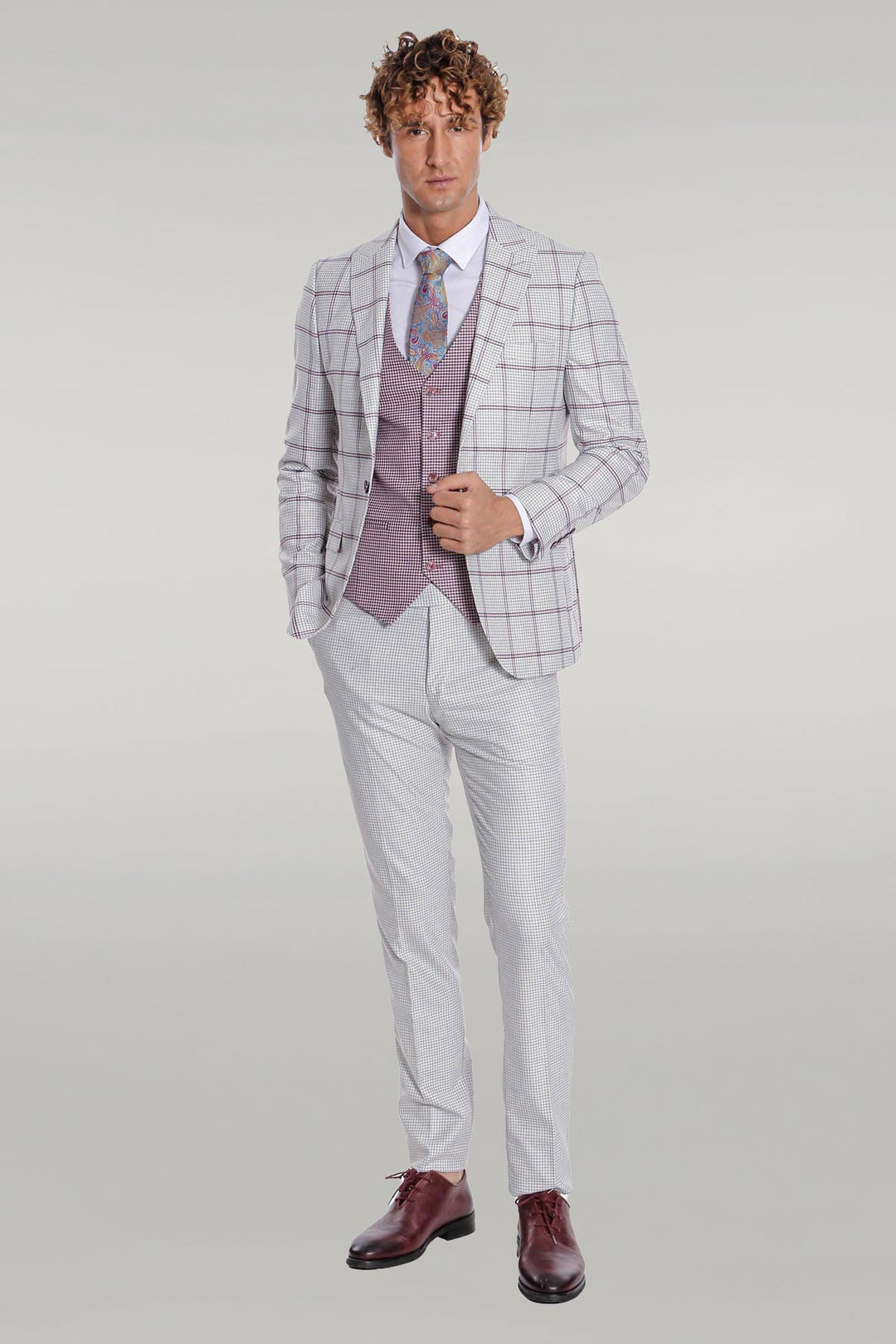 Checked Patterned Vested Light Grey Men Suit - Wessi