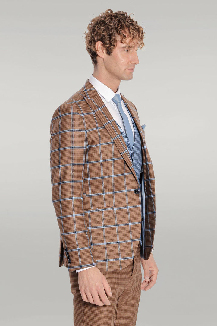 Checked Patterned Slim Fit Brown Men Suit - Wessi