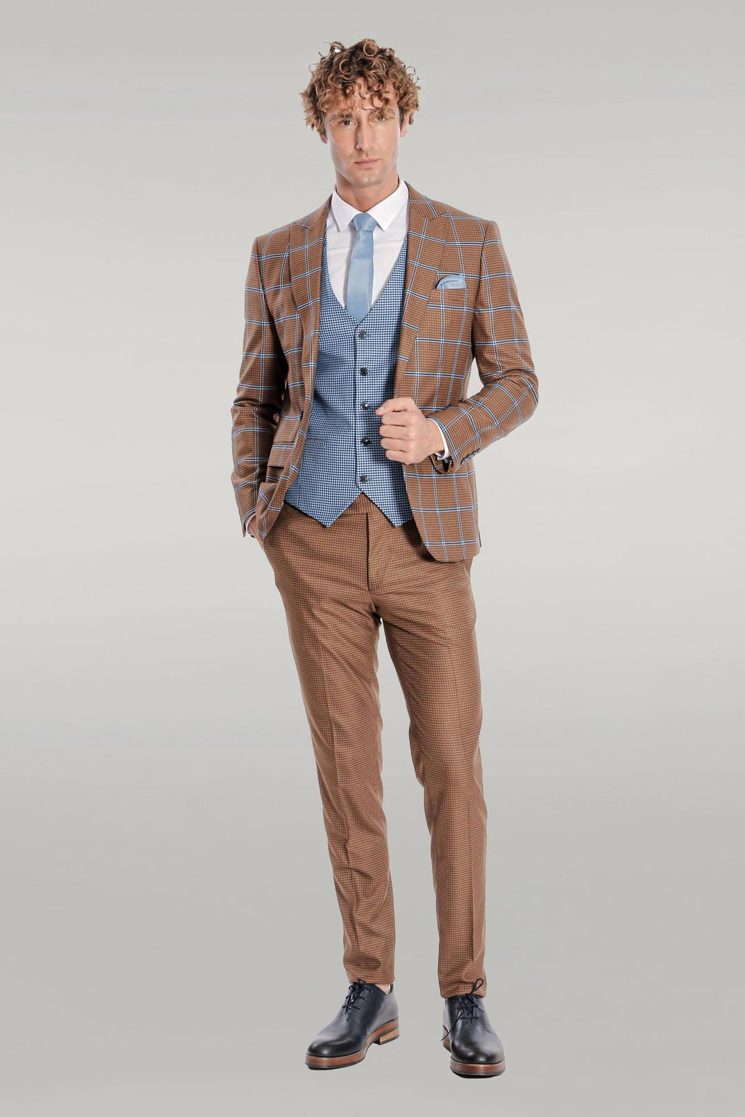 Checked Patterned Slim Fit Brown Men Suit - Wessi