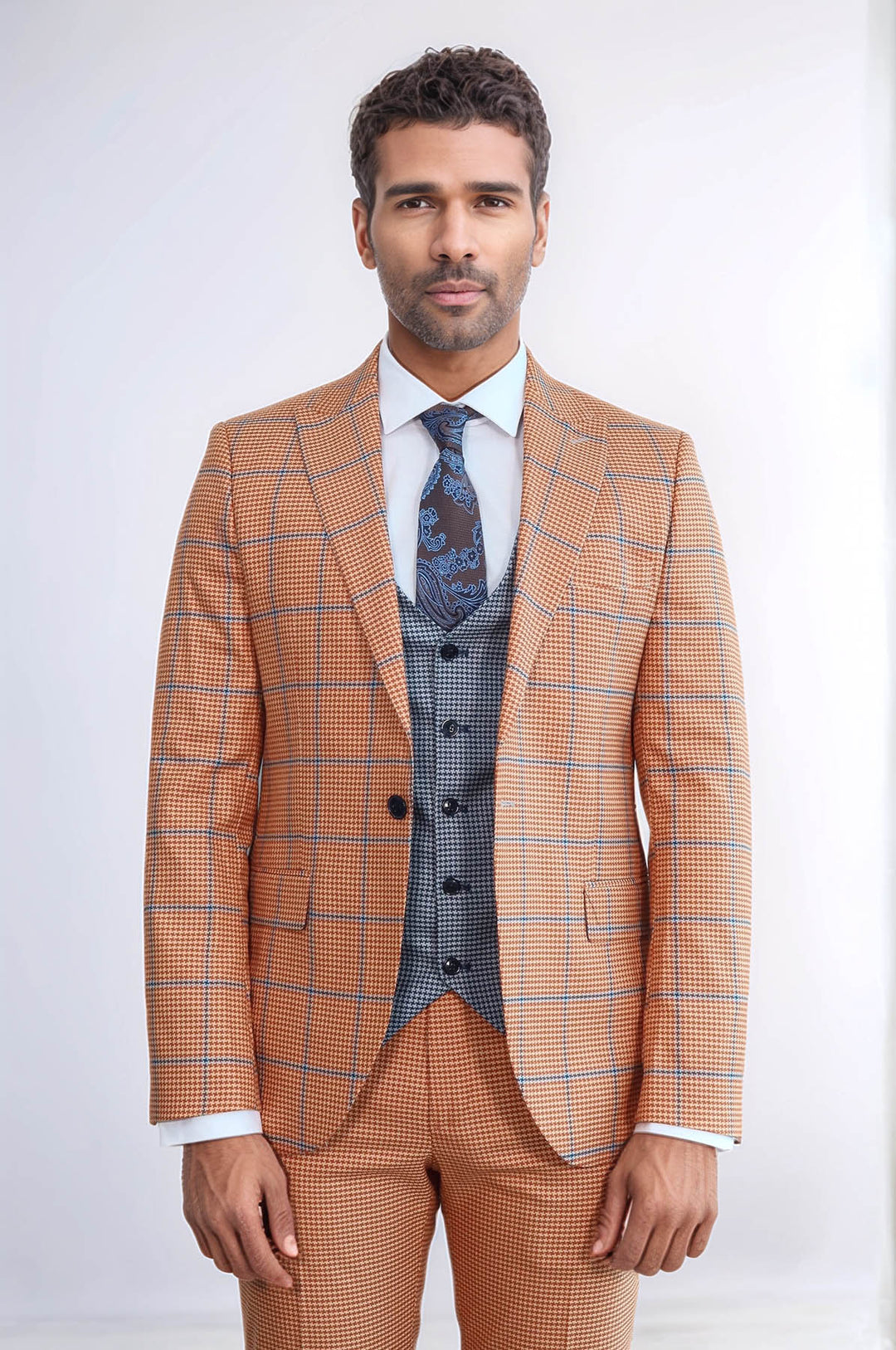 Costume Homme Orange à Carreaux Coupe Slim - Wessi