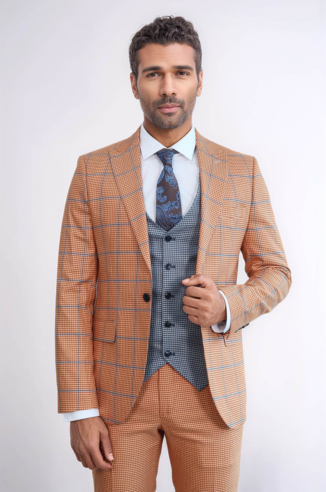 Costume Homme Orange à Carreaux Coupe Slim - Wessi