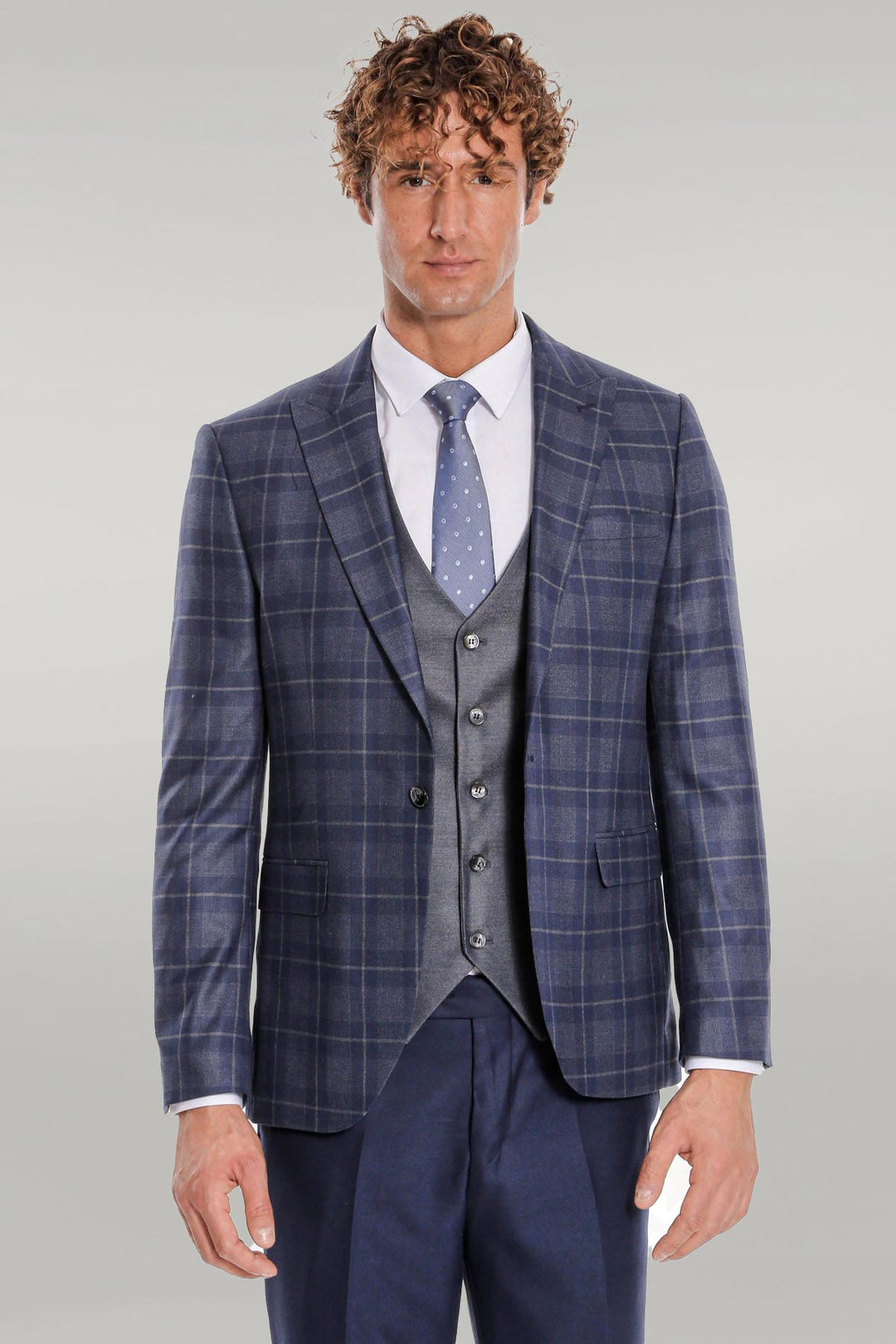 Slim Fit Checked Navy Blue Men Suit - Wessi