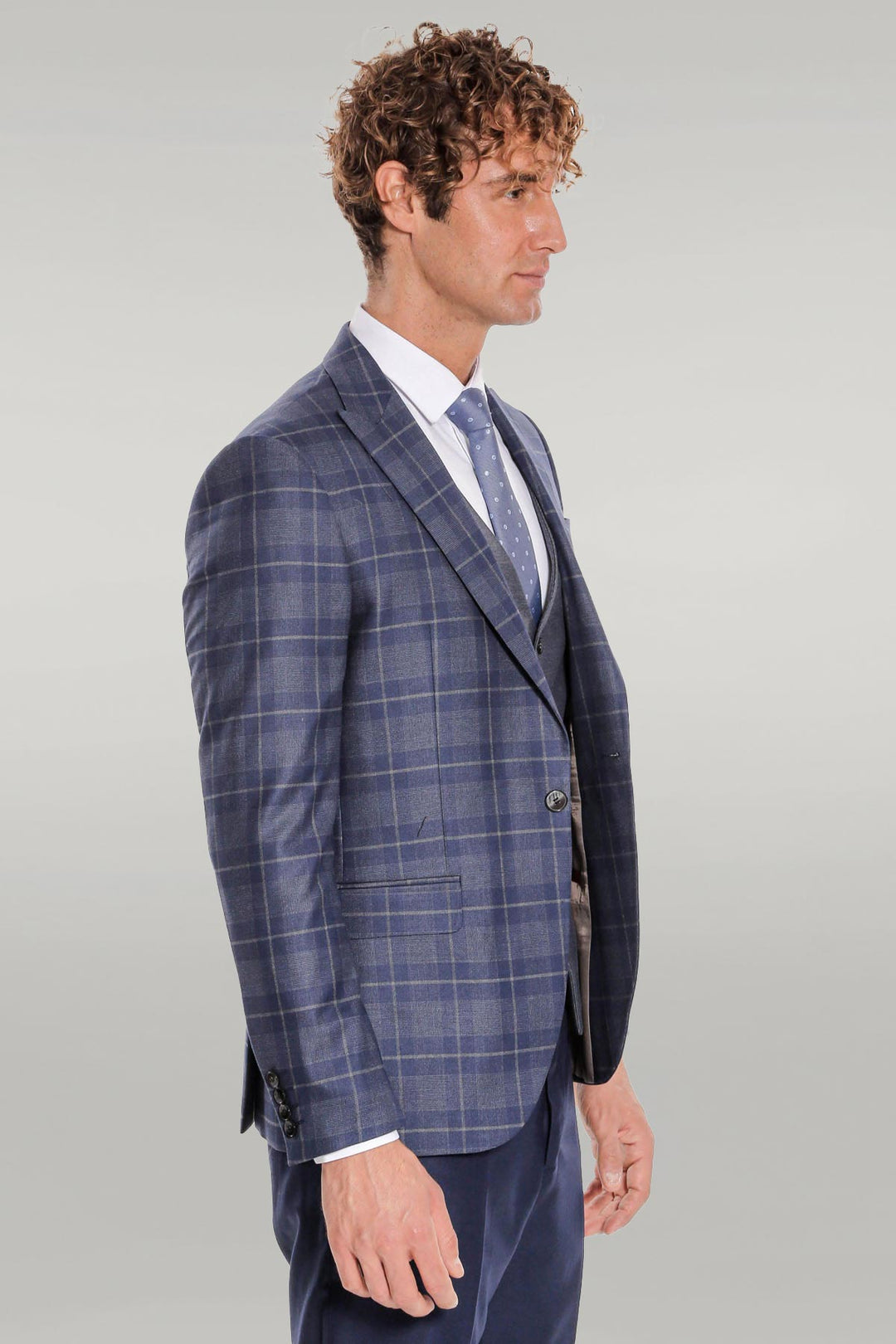 Slim Fit Checked Navy Blue Men Suit - Wessi