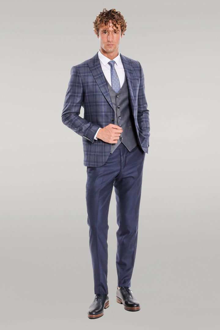 Slim Fit Checked Navy Blue Men Suit - Wessi