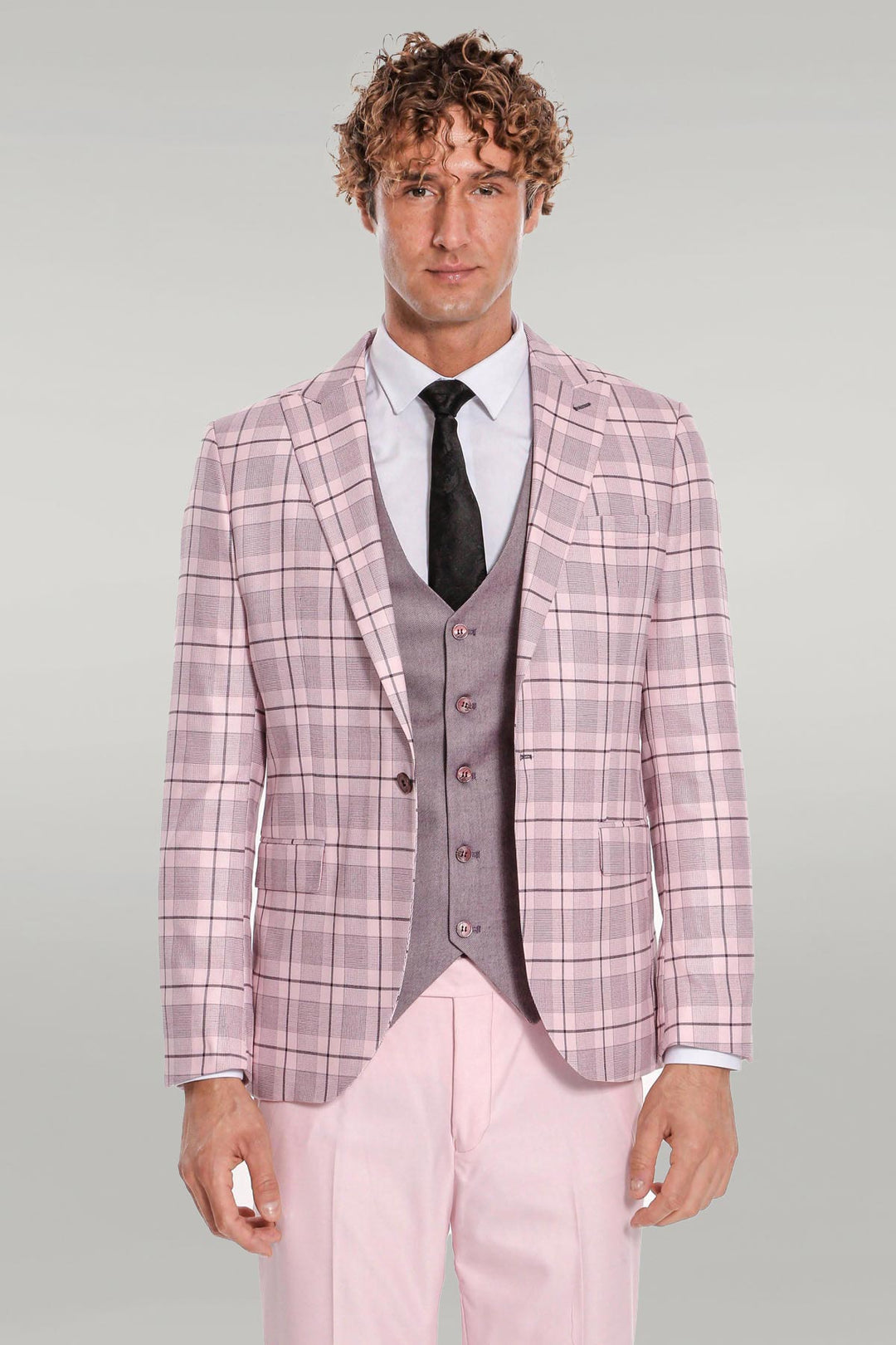 Traje de hombre entallado de cuadros en color rosa - Wessi