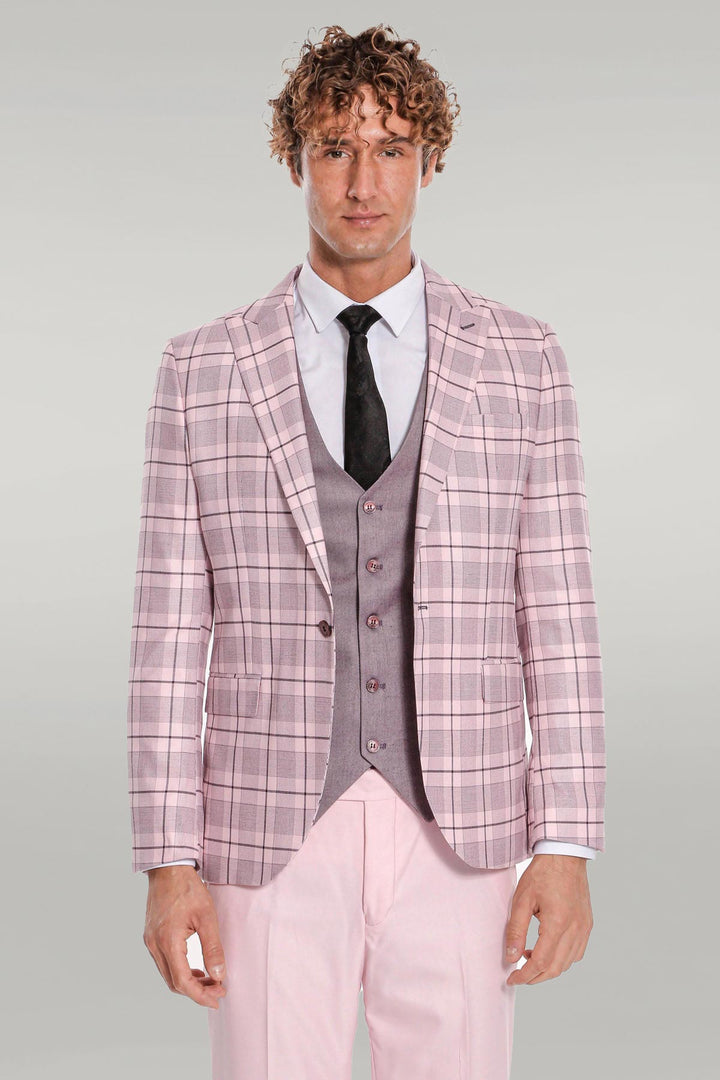 Checked Slim Fit Pink Men Suit - Wessi