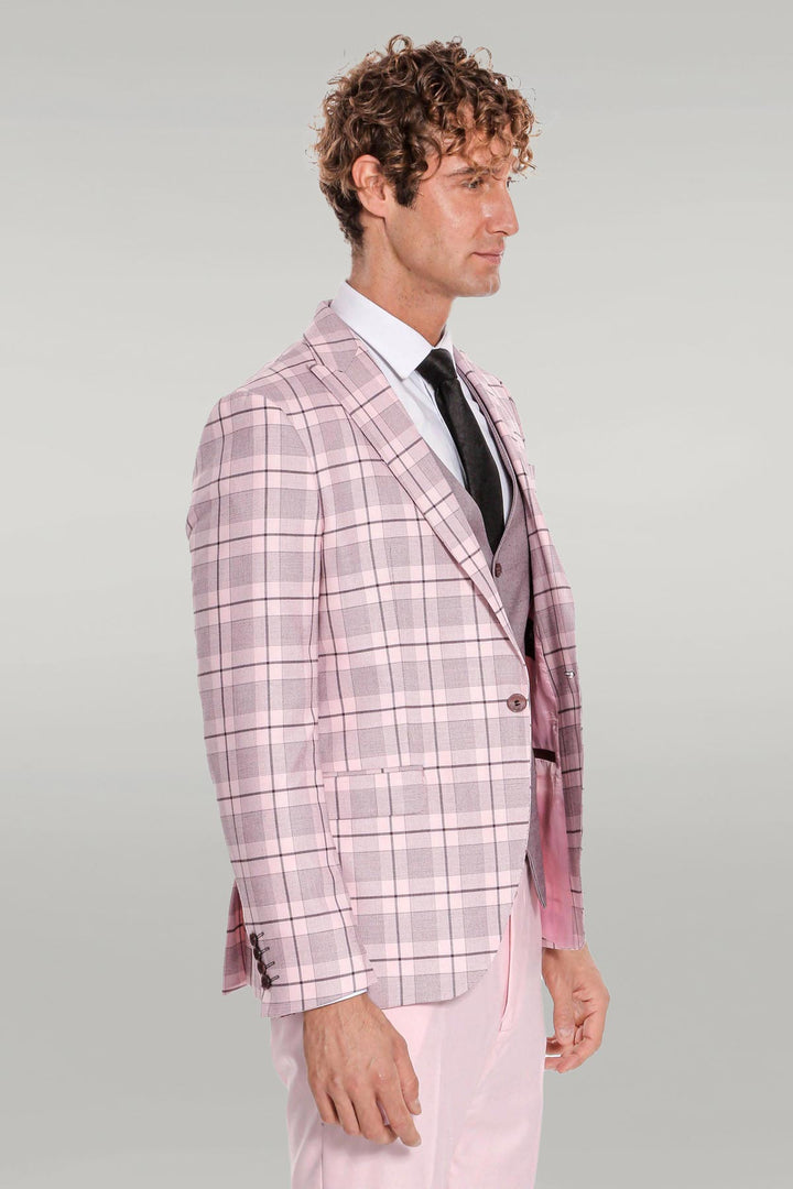 Checked Slim Fit Pink Men Suit - Wessi