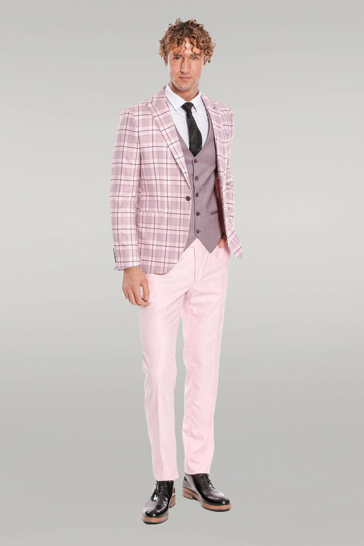 Checked Slim Fit Pink Men Suit - Wessi