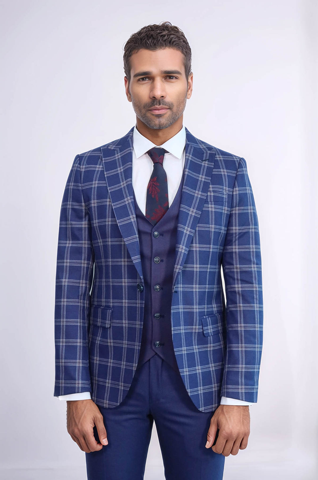 Abito combinato da uomo blu navy a quadri con risvolto a lancia slim fit