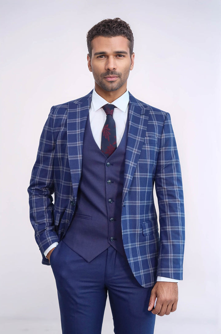 Abito combinato da uomo blu navy a quadri con risvolto a lancia slim fit