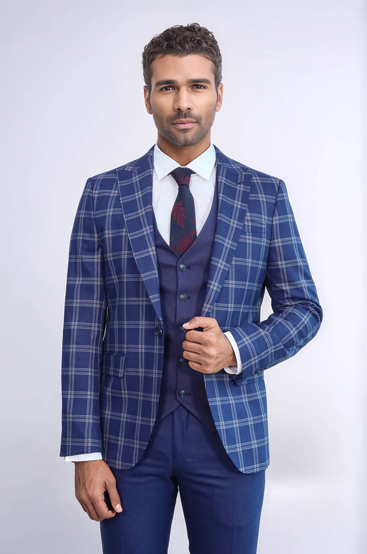 Costume Combinaison Homme Bleu Marine à Carreaux Slim Fit Vested Peak Revers