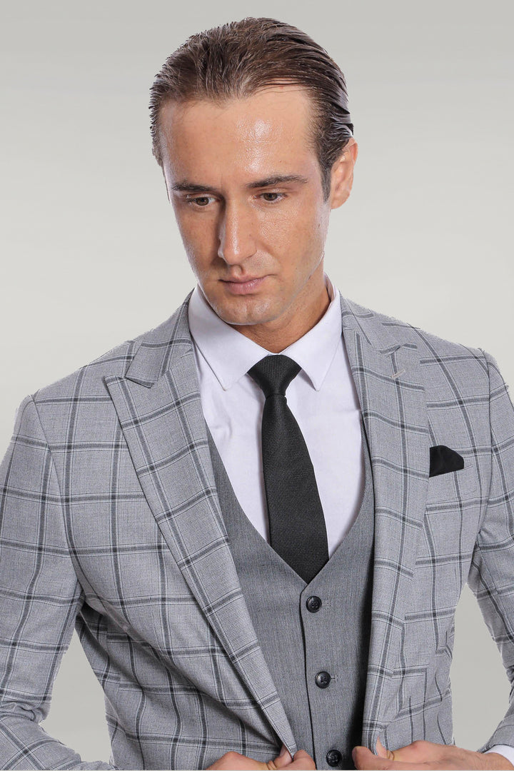 Checked Patterned Slim Fit Grey Men Suit - Wessi