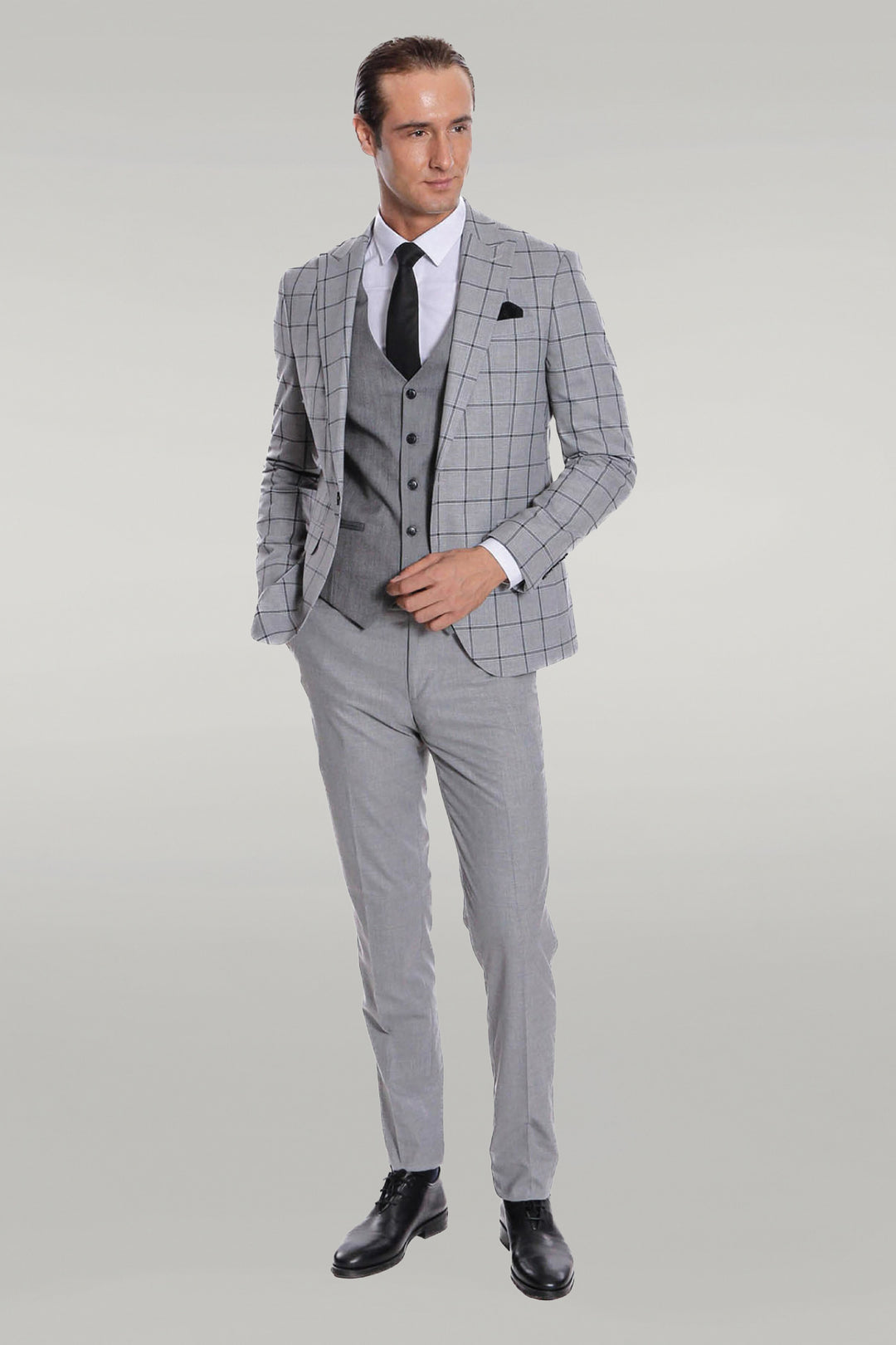 Checked Patterned Slim Fit Grey Men Suit - Wessi