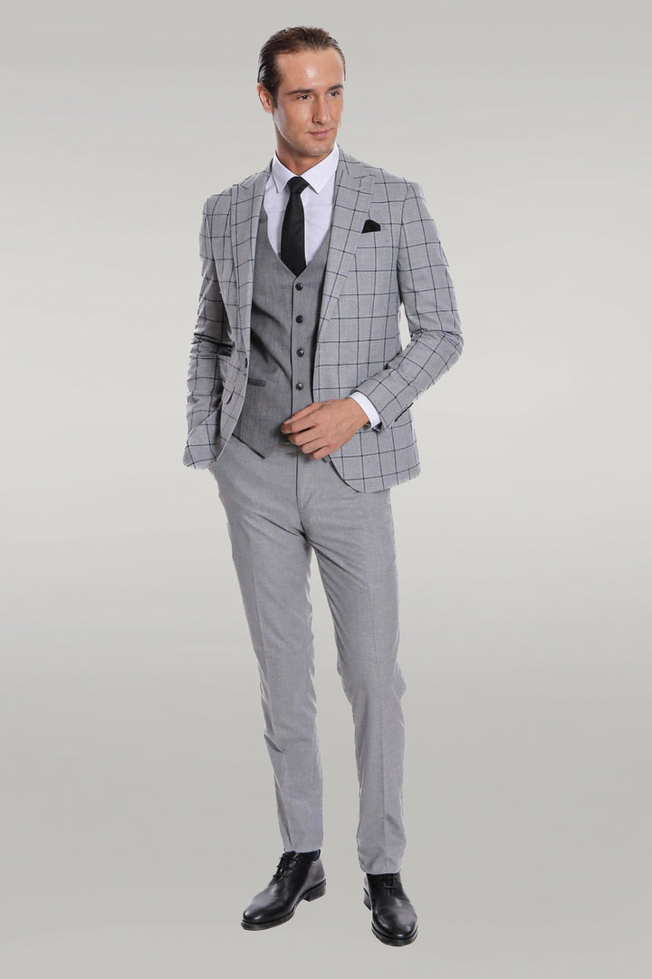 Traje de hombre gris estampado cuadros slim fit - Wessi