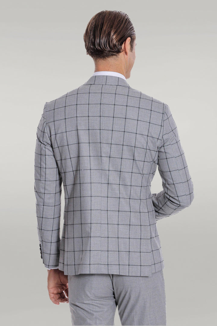 Checked Patterned Slim Fit Grey Men Suit - Wessi