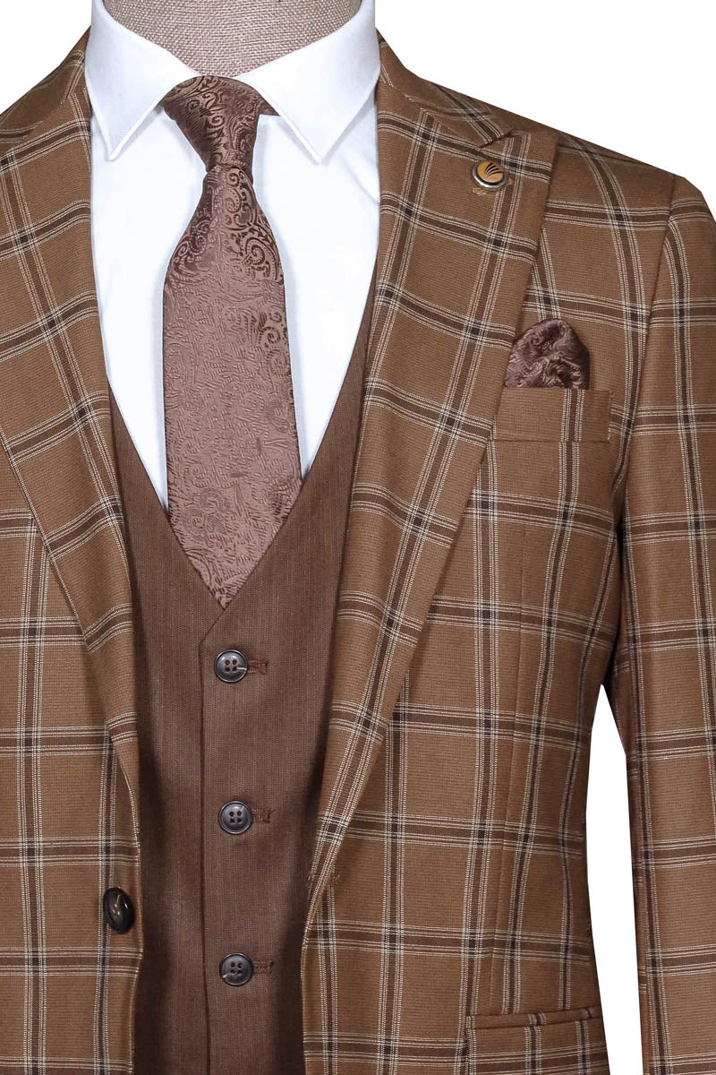 Brown Plaid Suit, White Shirt, and Tie Look - Wessi Modern Business Elegance