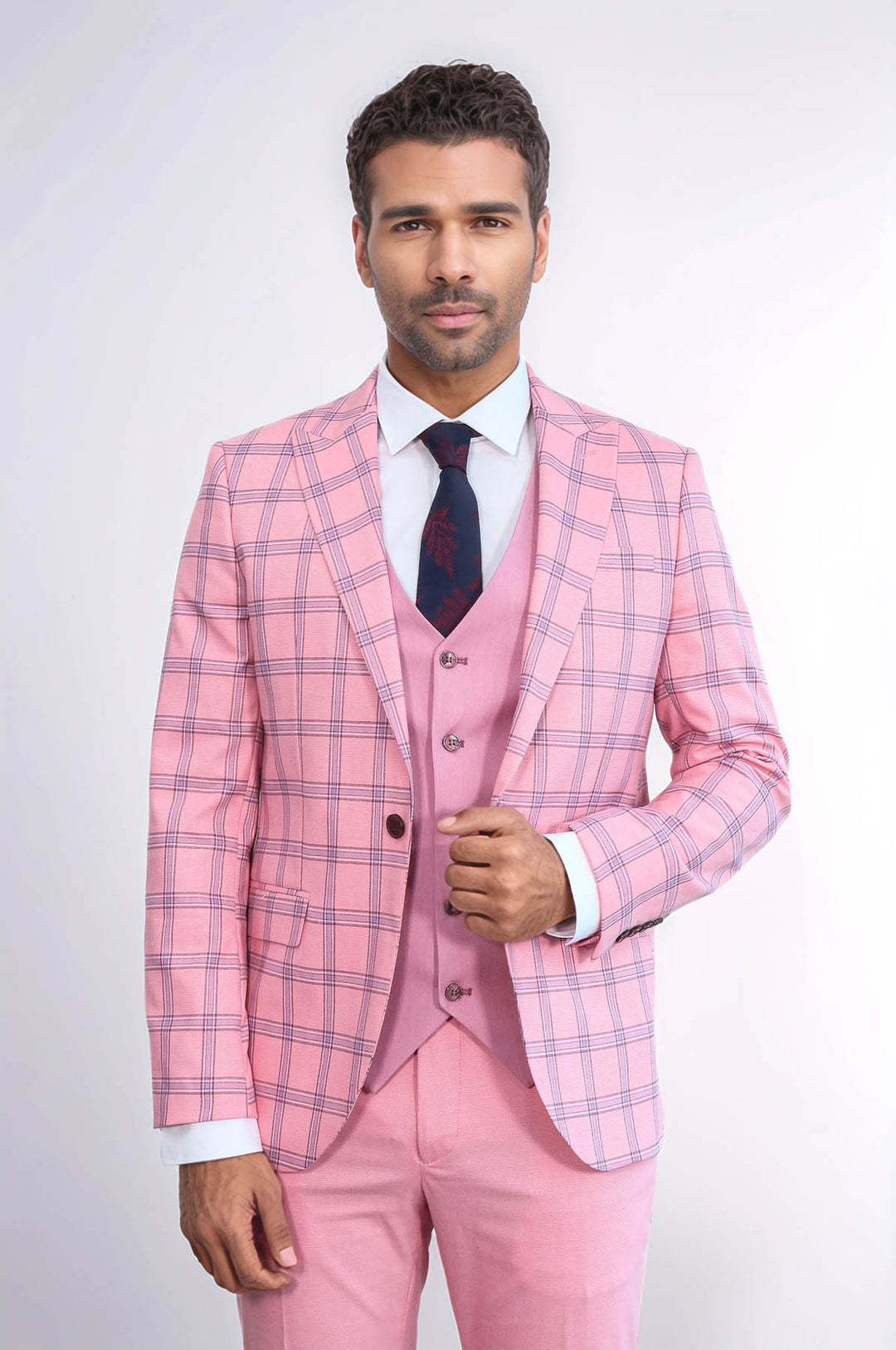 Costume Homme Rose Coupe Slim à Carreaux - Wessi