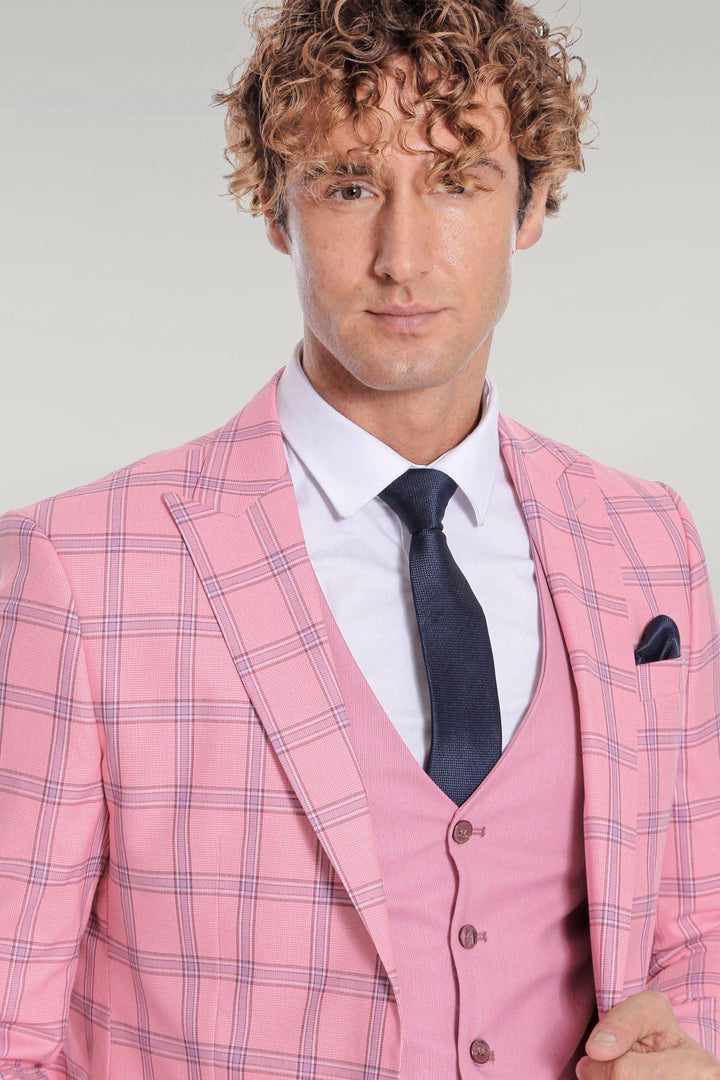 Traje de hombre rosa slim fit estampado de cuadros - Wessi