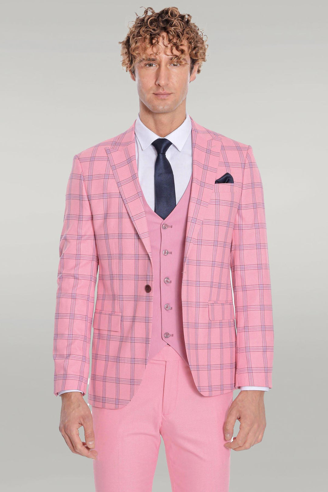 Checked Patterned Slim Fit Pink Men Suit - Wessi