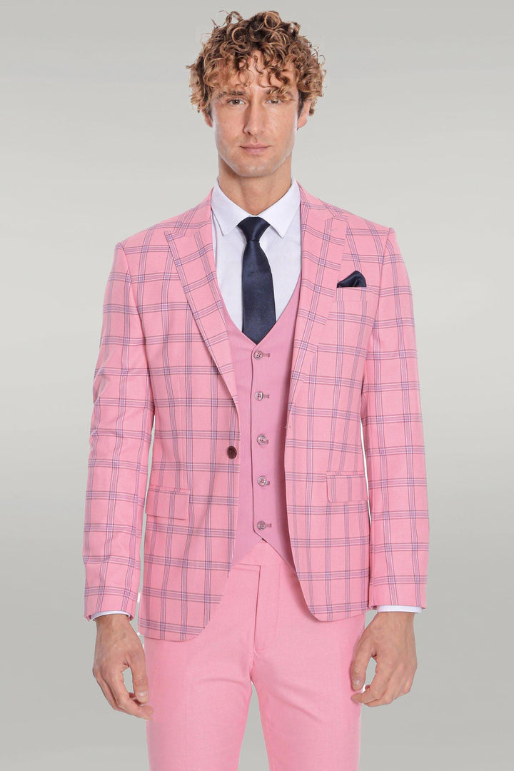 Traje de hombre rosa slim fit estampado de cuadros - Wessi