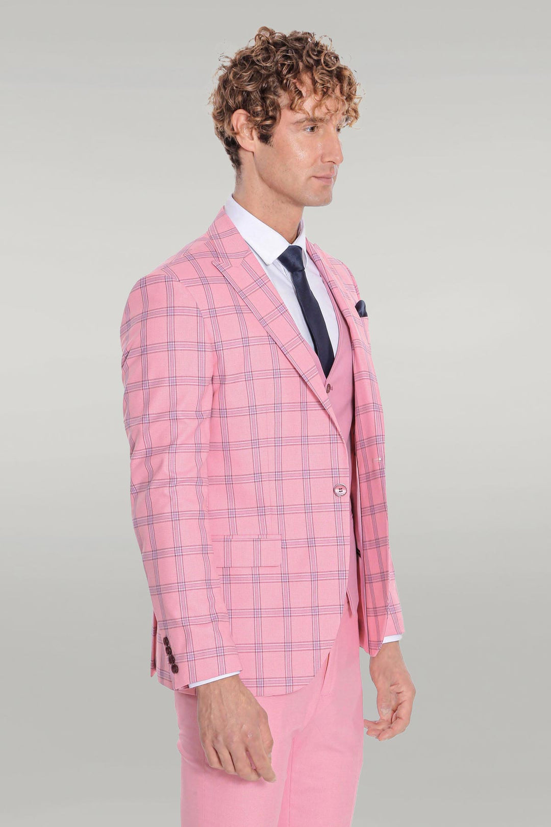 Traje de hombre rosa slim fit estampado de cuadros - Wessi