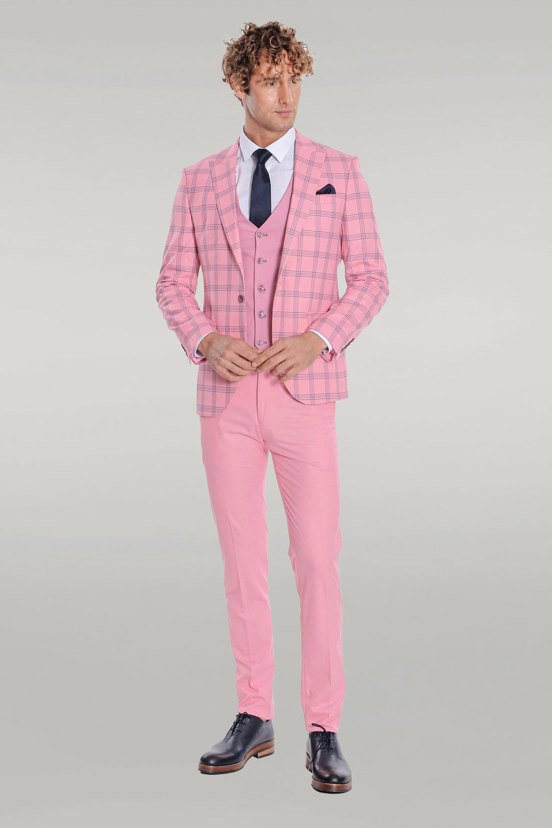 Traje de hombre rosa slim fit estampado de cuadros - Wessi