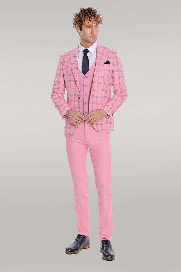 Checked Patterned Slim Fit Pink Men Suit - Wessi