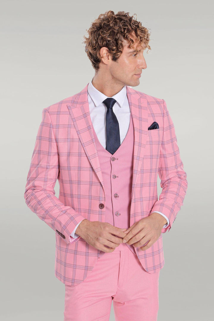 Checked Patterned Slim Fit Pink Men Suit - Wessi