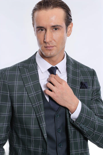 Checked Patterned Slim Fit Green Men Suit - Wessi