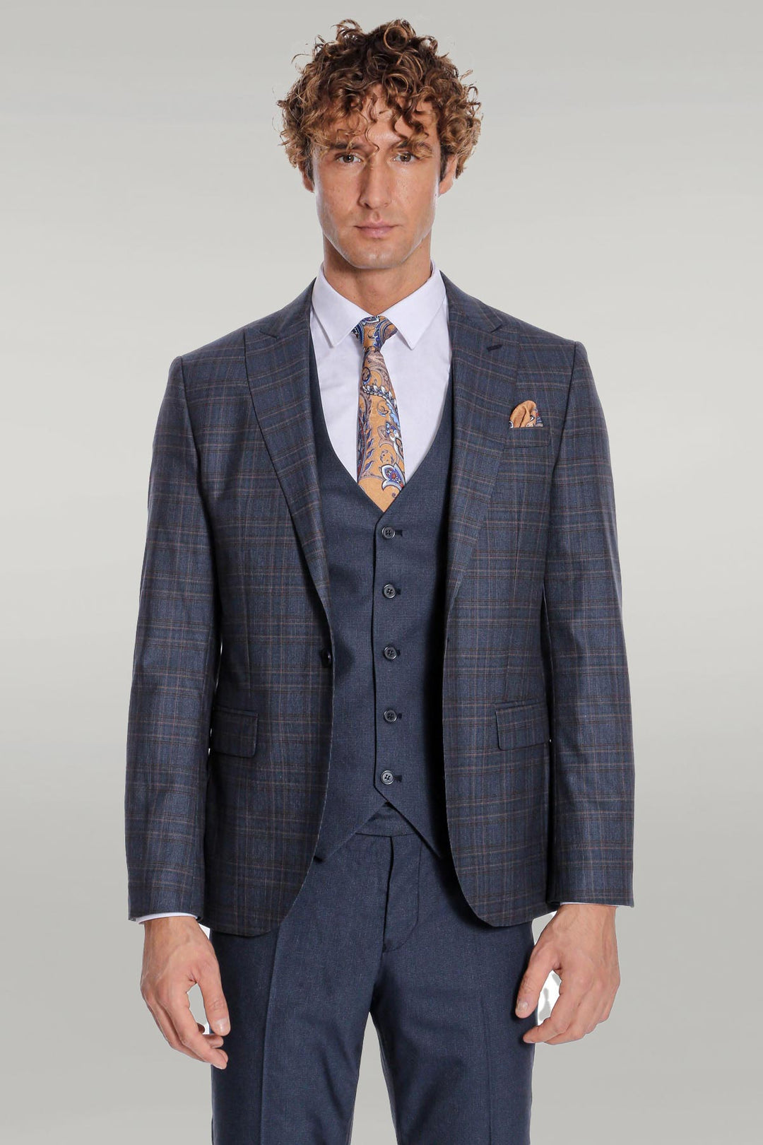 Checked Slim Fit Navy Blue Men Suit - Wessi