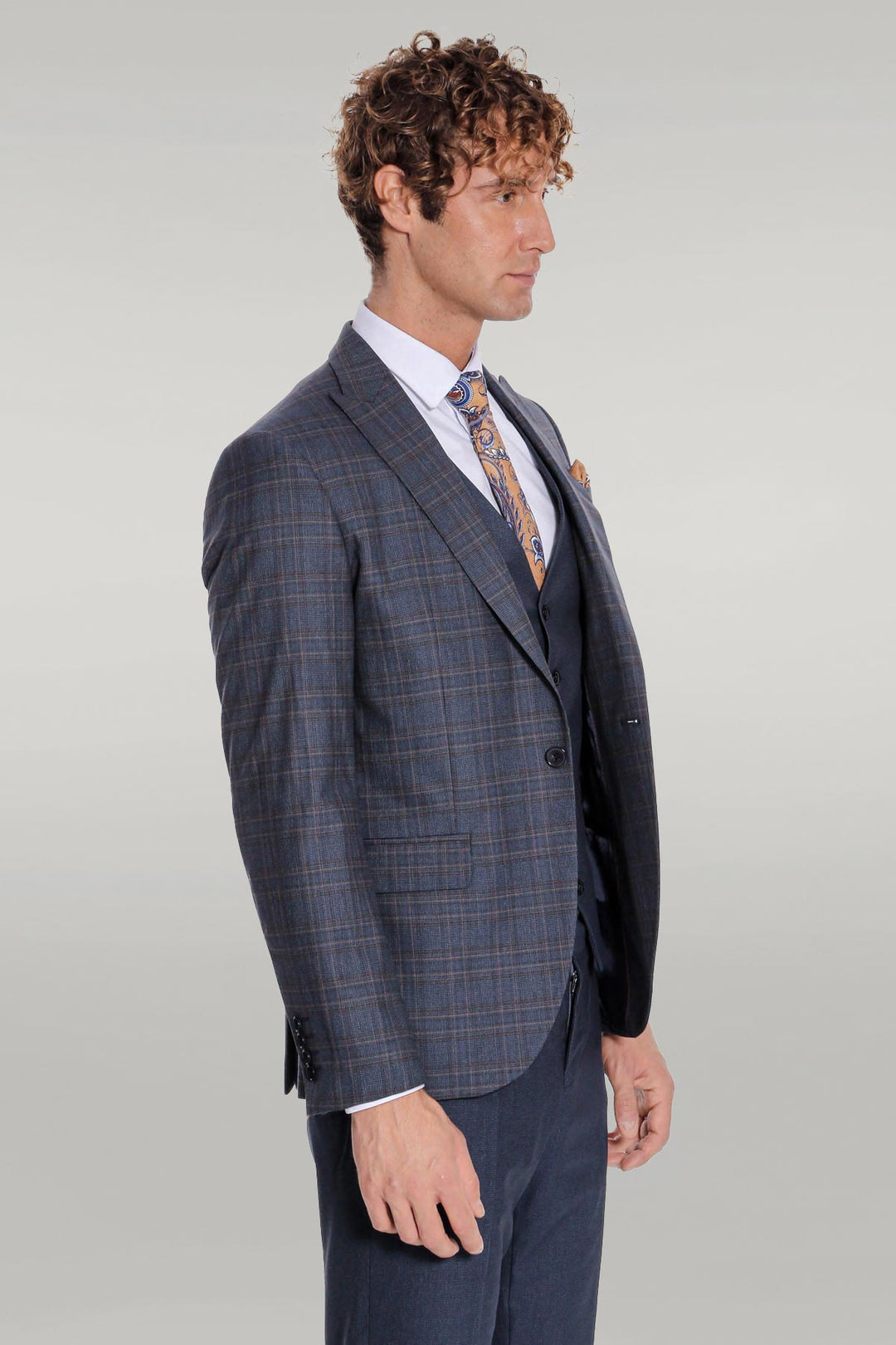 Checked Slim Fit Navy Blue Men Suit - Wessi