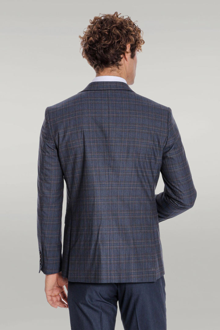 Checked Slim Fit Navy Blue Men Suit - Wessi