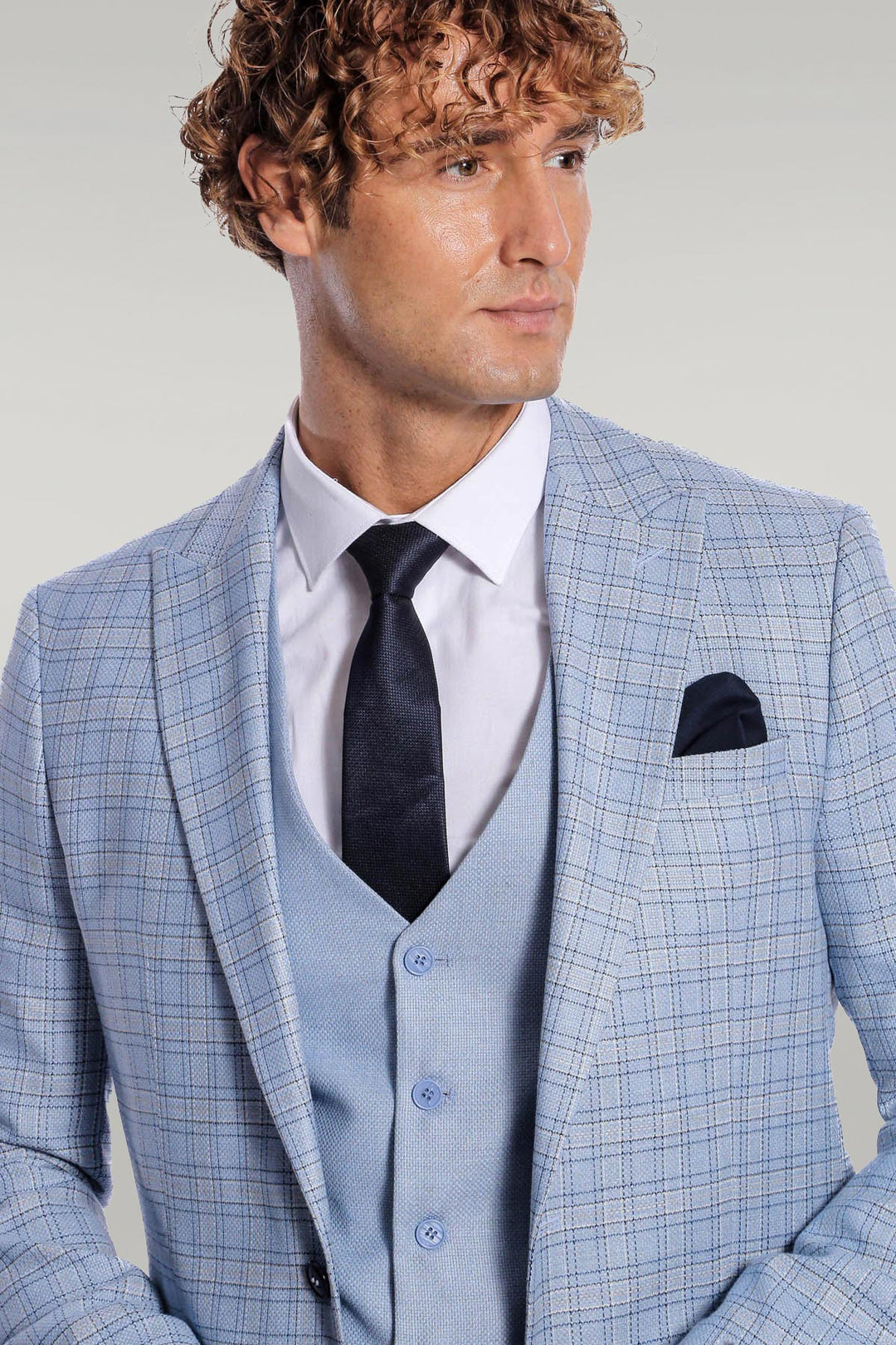 Checked Slim Fit Light Blue Men Suit - Wessi