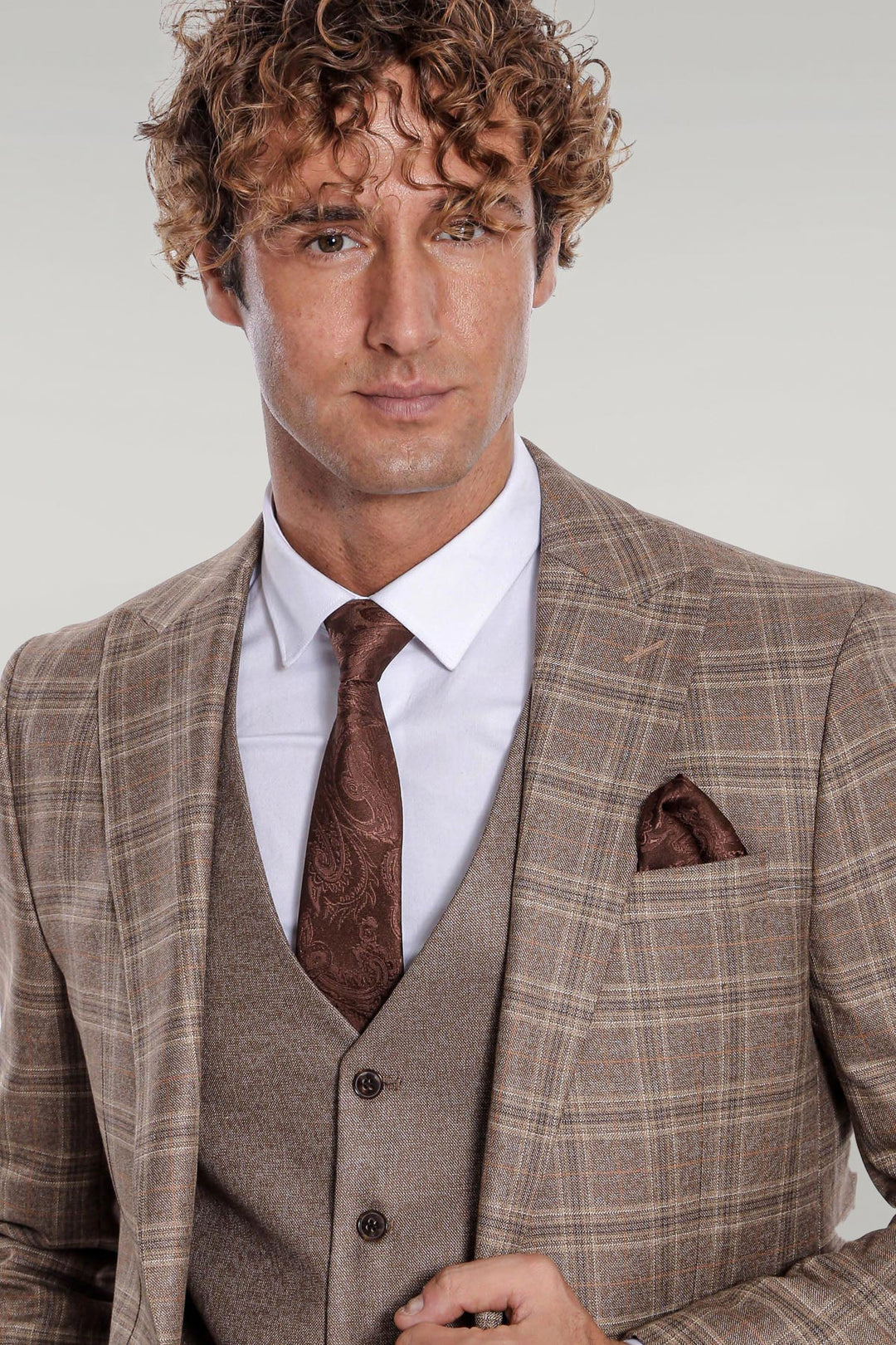 Checked Slim Fit Light Brown Men Suit - Wessi