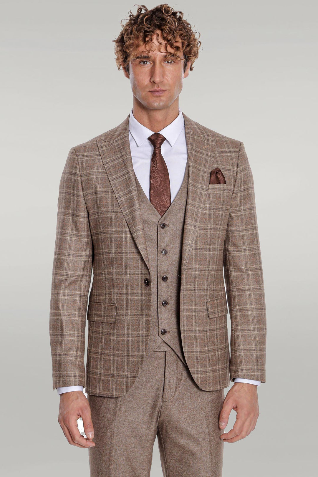 Checked Slim Fit Light Brown Men Suit - Wessi