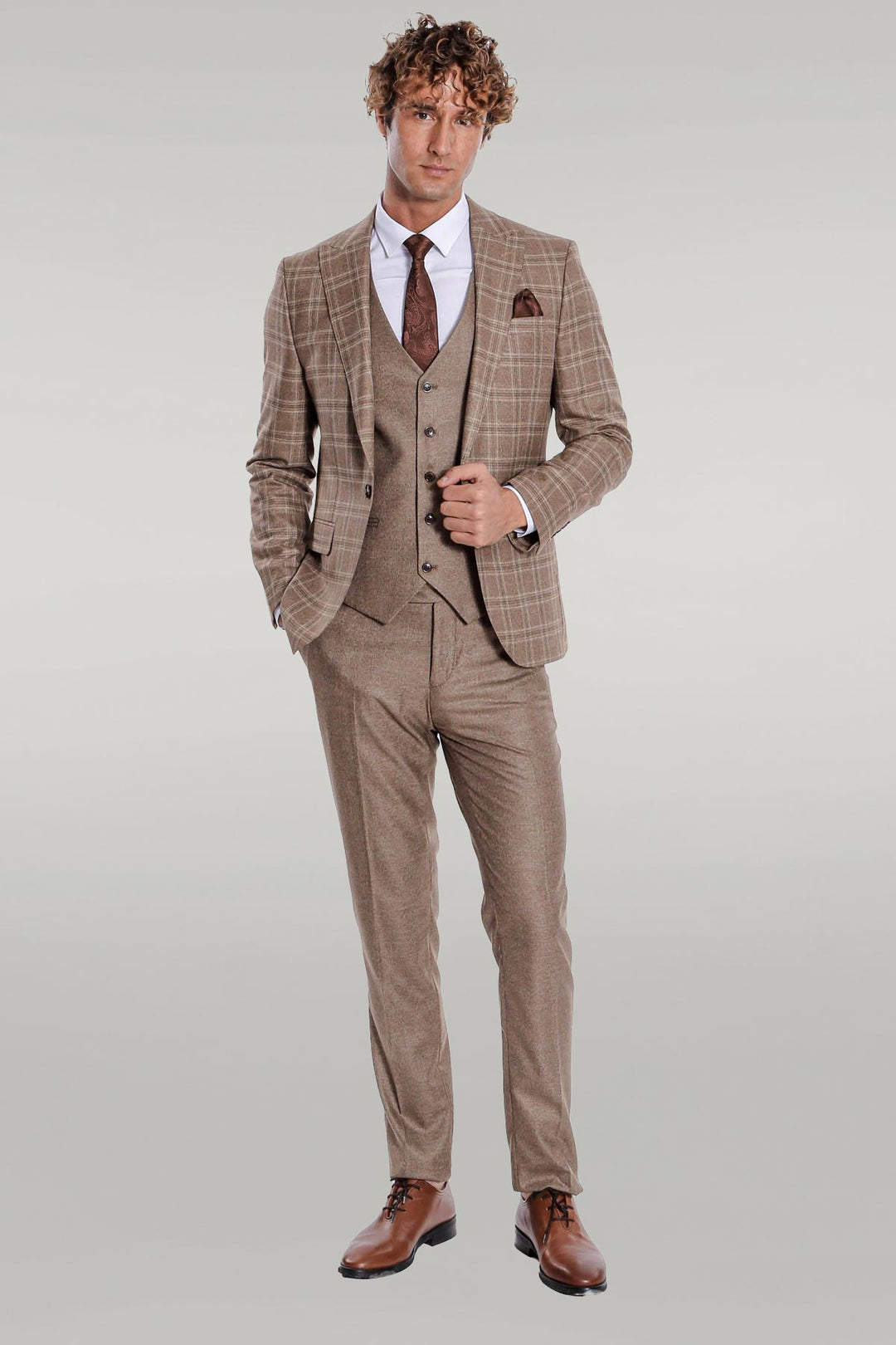 Checked Slim Fit Light Brown Men Suit - Wessi