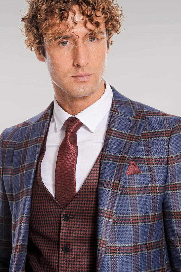 Patterned Checked Slim Fit Blue Men Suit - Wessi