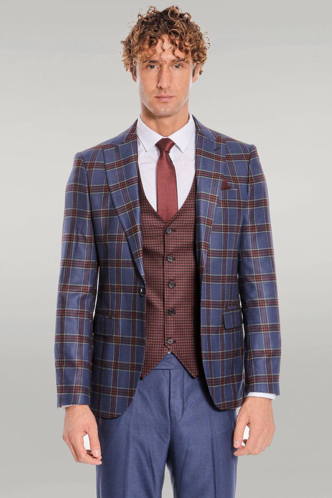 Patterned Checked Slim Fit Blue Men Suit - Wessi