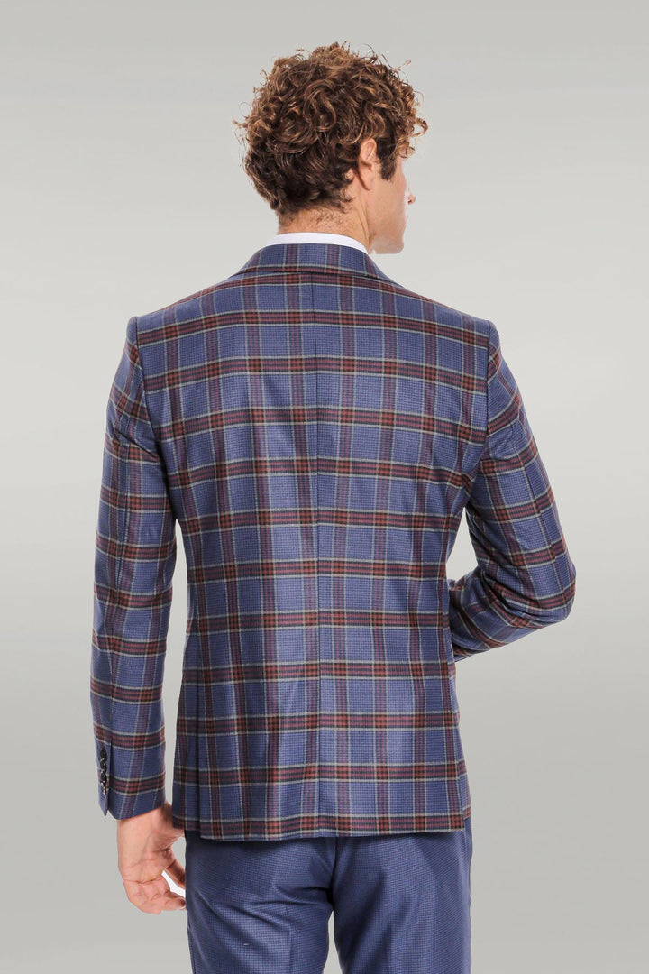 Patterned Checked Slim Fit Blue Men Suit - Wessi