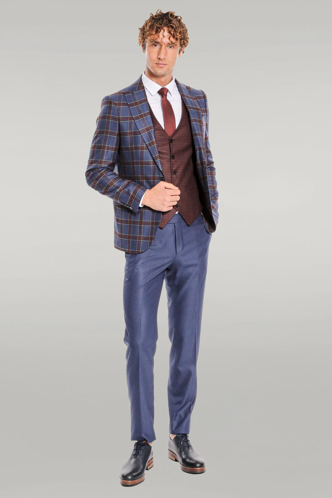 Patterned Checked Slim Fit Blue Men Suit - Wessi