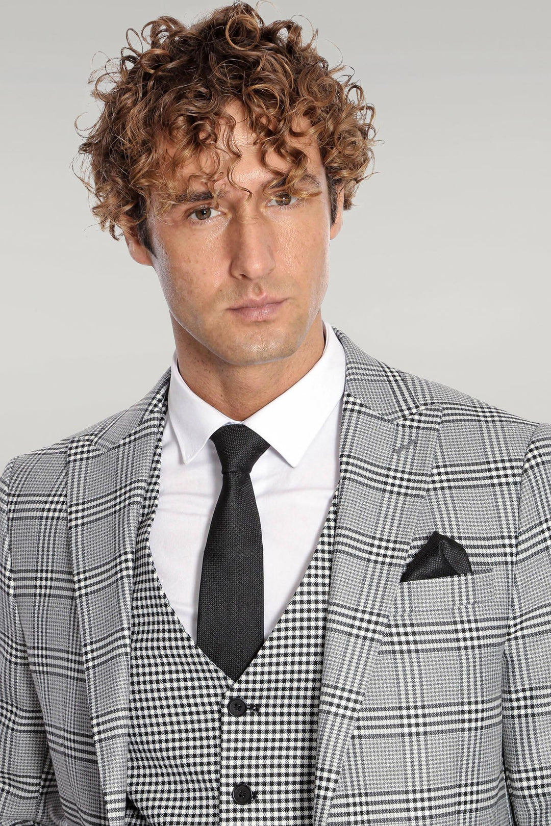 Slim Fit Patterned Checked Grey Men Suit - Wessi