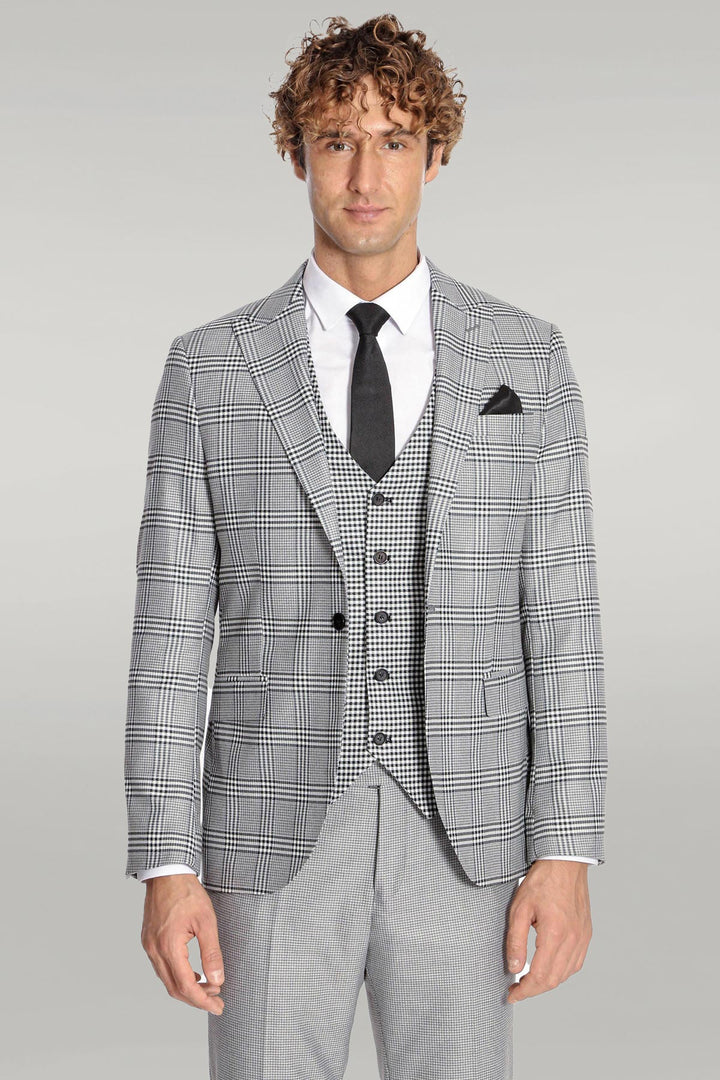 Slim Fit Patterned Checked Grey Men Suit - Wessi