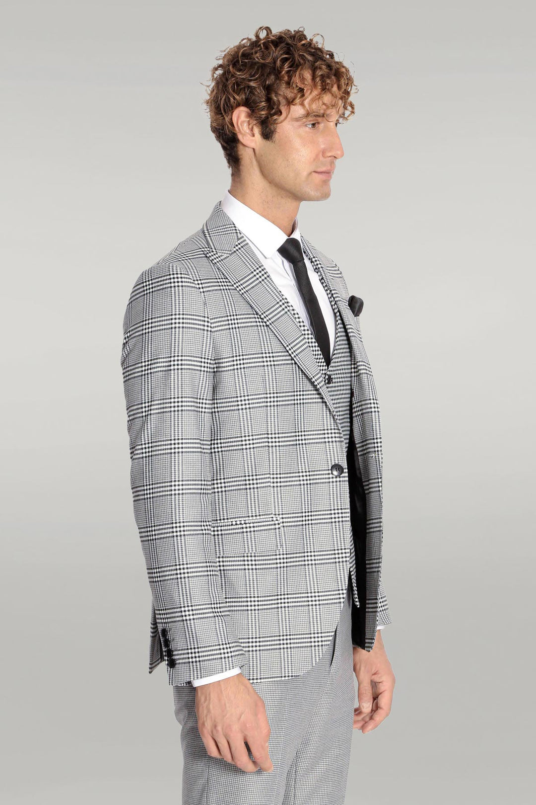 Slim Fit Patterned Checked Grey Men Suit - Wessi