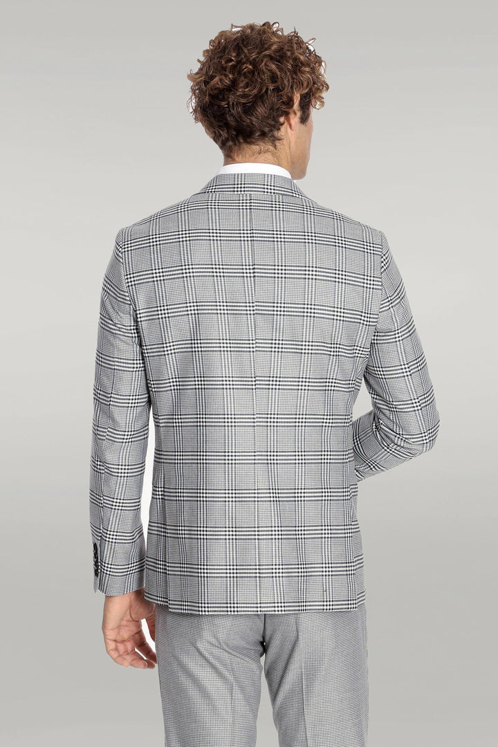 Slim Fit Patterned Checked Grey Men Suit - Wessi