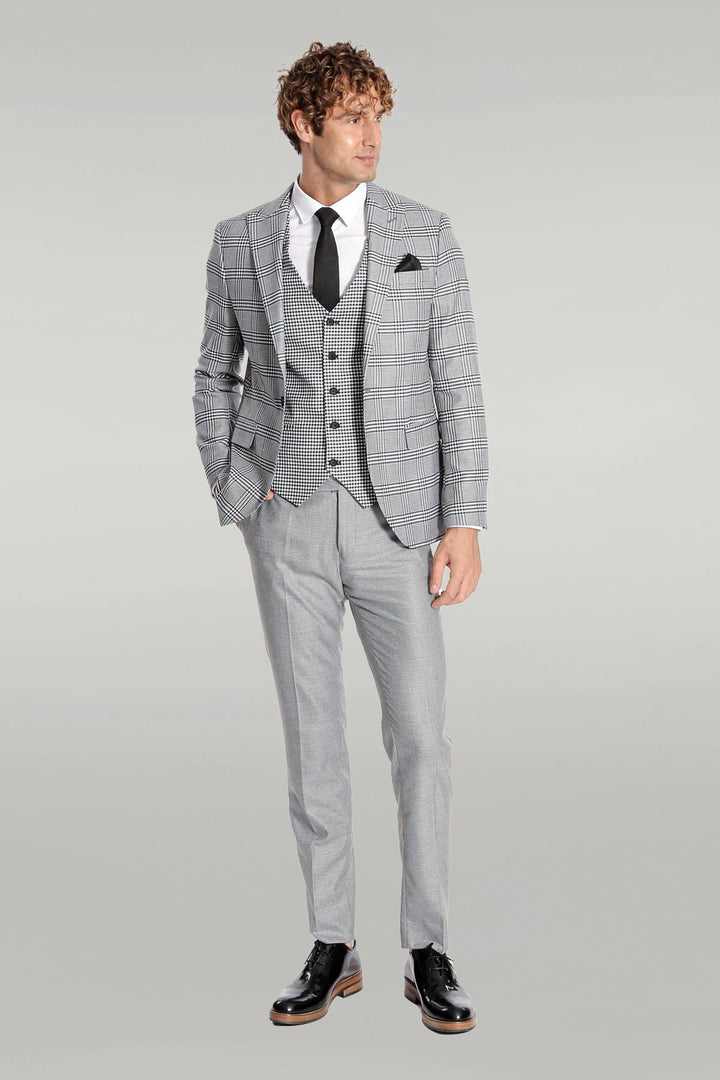 Slim Fit Patterned Checked Grey Men Suit - Wessi