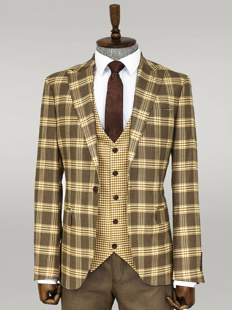 Slim Fit Patterned Checked Light Brown Men Suit - Wessi