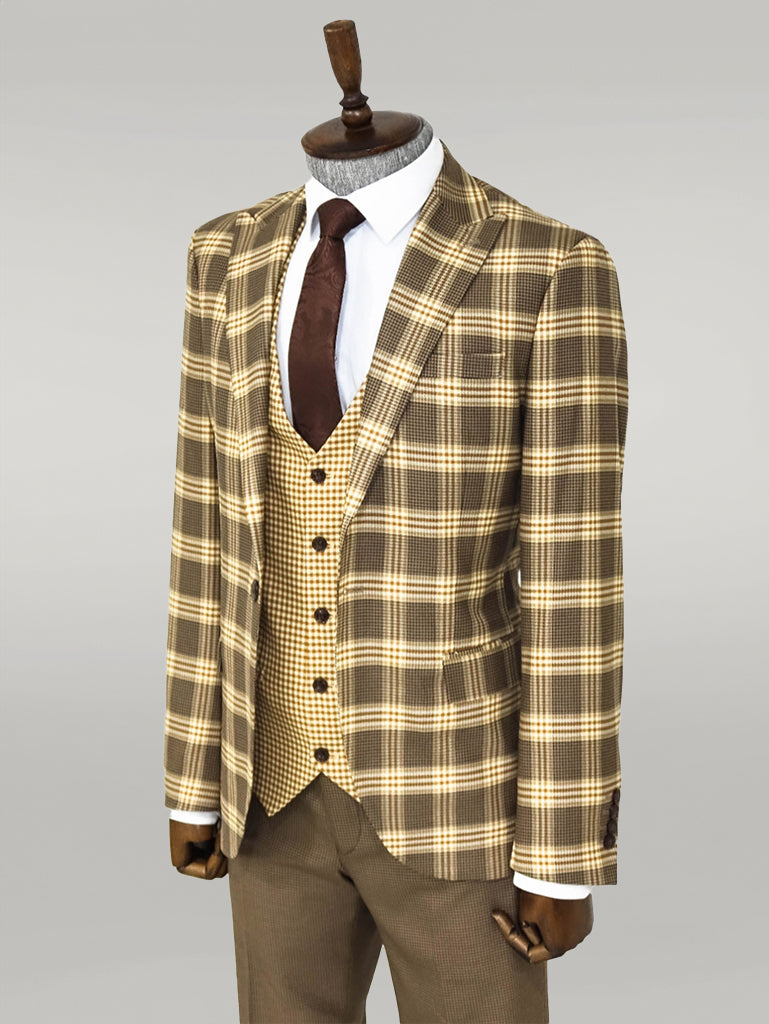 Slim Fit Patterned Checked Light Brown Men Suit - Wessi